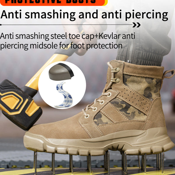 OwnShoe Steel Toe Work Boots for Men Women Leather Safety Shoes Camouflage Industrial Sneakers
